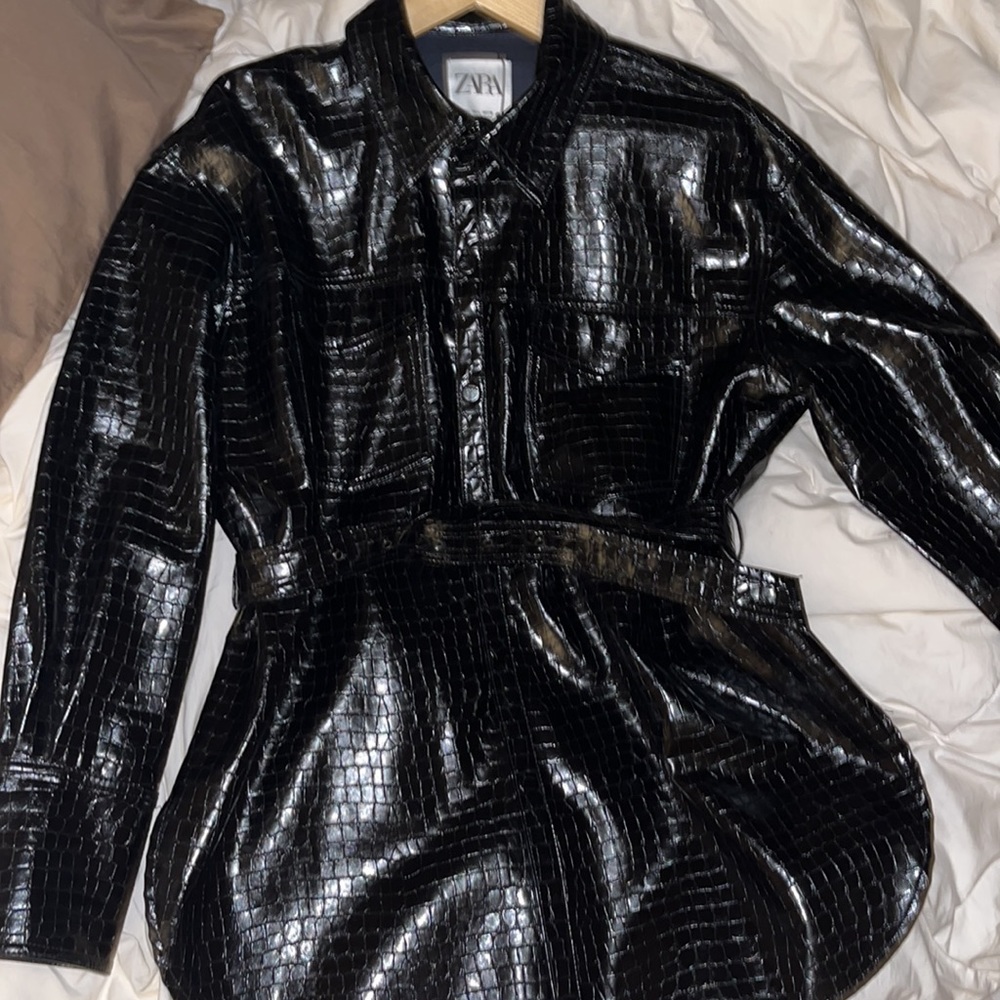ZARA BLACK FAUX LEATHER ANIMAL PRINT JACKET/COAT